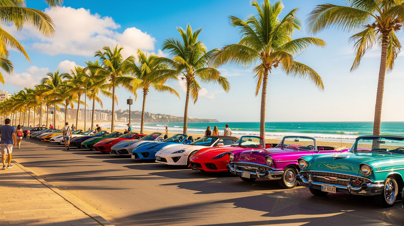 Luxury and classic automobiles parked along a beachfront avenue in Punta del Este in summer